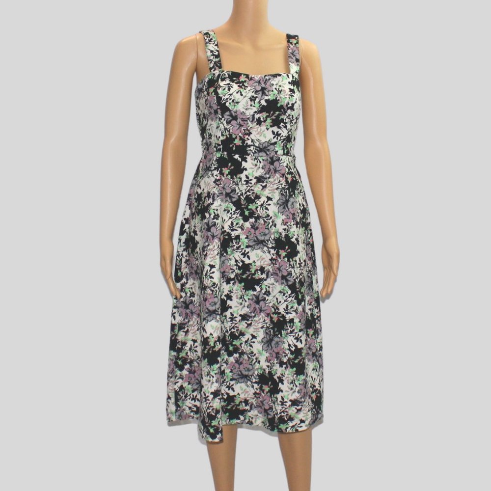 Black, Purple, and White Floral Midi Dress